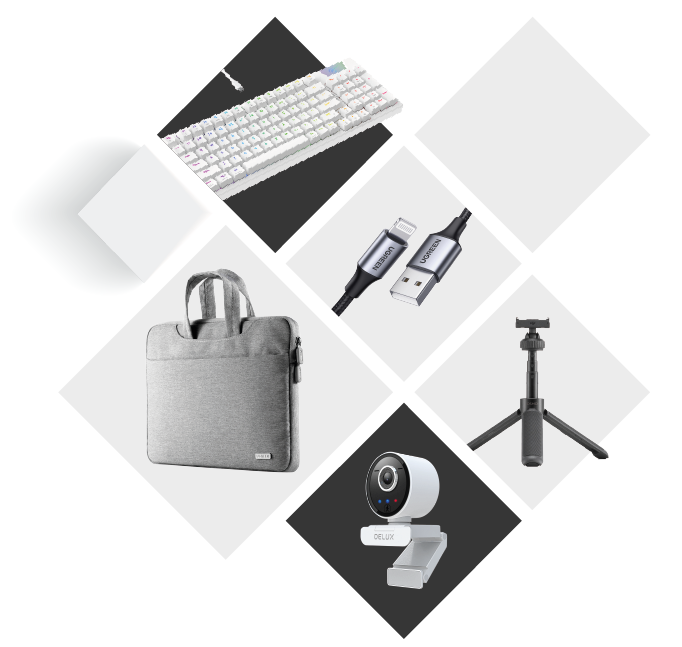 Изображение с чанта за лаптоп UGREEN, уеб камера Delux, телескопична лебедка, кабел UGREEN Lightning към USB и компютърна клавиатура.