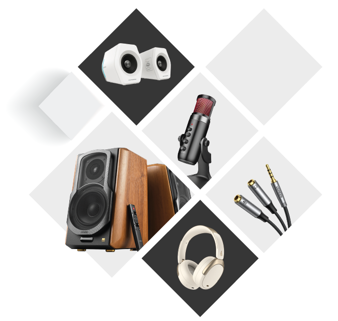 Изображение с високоговорители Edifier HECATE G2000, високоговорители Edifier S1000MKII, геймърски микрофон Havit, аудио сплитер UGREEN, слушалки Edifier W820NB.