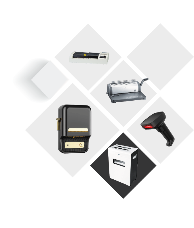 Изображение с ромбове, съдържащи различни устройства, включително принтер за етикети Niimbot, машина за унищожаване на хартия Deli, четец на кодове, машина за подвързване и ламинатор.